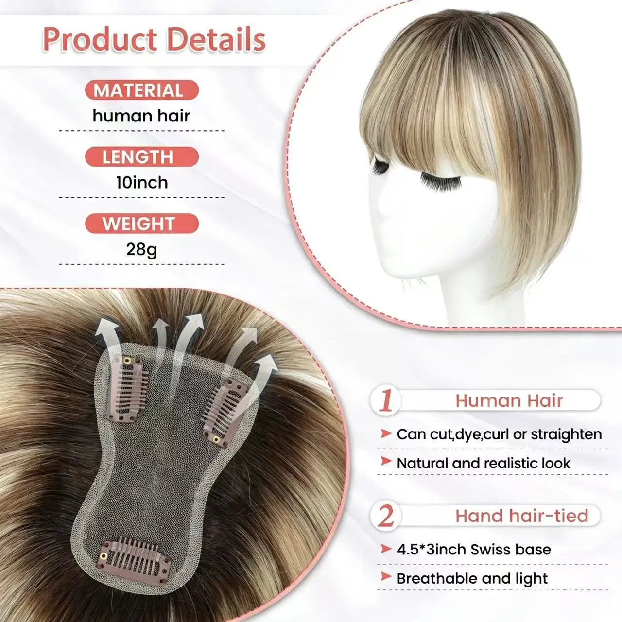 🔥Human Hair Topper with Bangs | Hair Piece for Thinning Hair